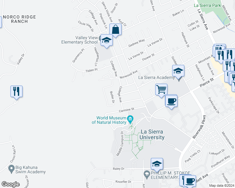 map of restaurants, bars, coffee shops, grocery stores, and more near 5026 College Avenue in Riverside