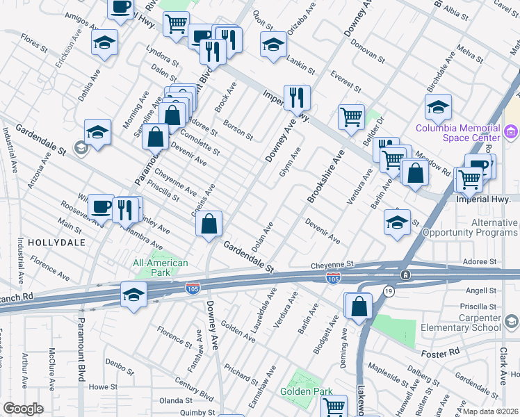 map of restaurants, bars, coffee shops, grocery stores, and more near 12917 Glynn Avenue in Downey