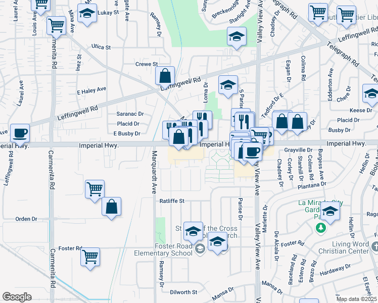 map of restaurants, bars, coffee shops, grocery stores, and more near 13936 Imperial Hwy in La Mirada