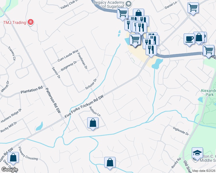 map of restaurants, bars, coffee shops, grocery stores, and more near 554 Learning Court Southwest in Lawrenceville