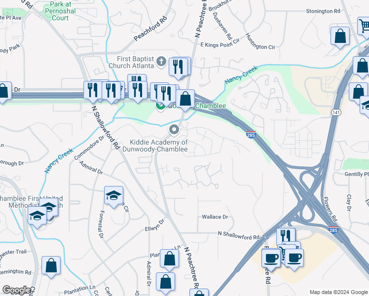 map of restaurants, bars, coffee shops, grocery stores, and more near 4164 Butler Drive in Atlanta