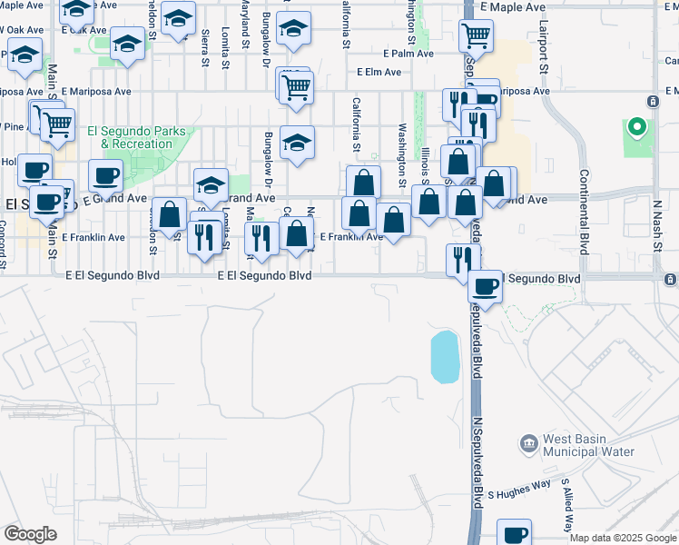 map of restaurants, bars, coffee shops, grocery stores, and more near 1267 East El Segundo Boulevard in El Segundo