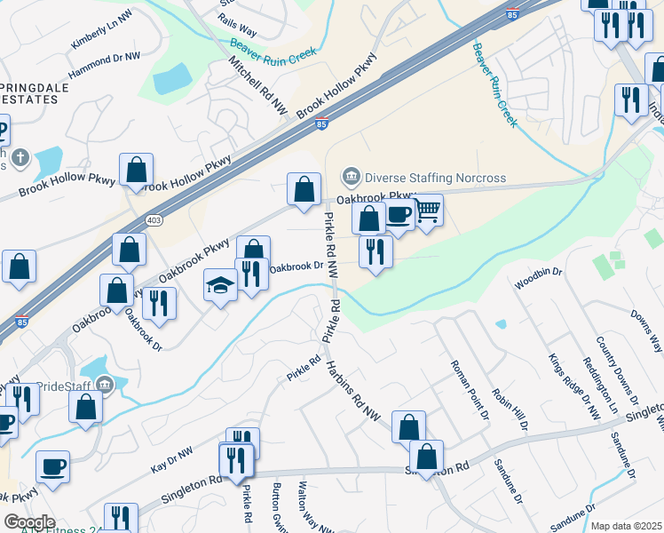 map of restaurants, bars, coffee shops, grocery stores, and more near 1412 Oakbrook Drive in Norcross