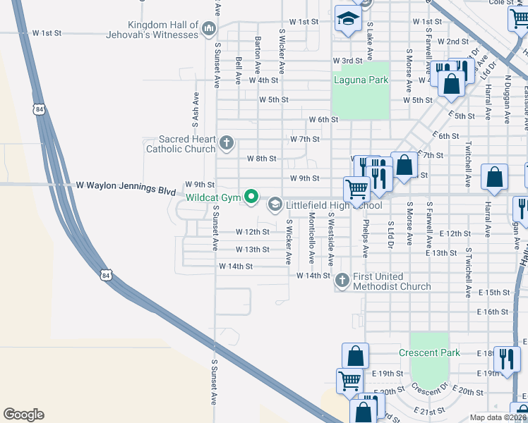 map of restaurants, bars, coffee shops, grocery stores, and more near 1100 West Waylon Jennings Boulevard in Littlefield