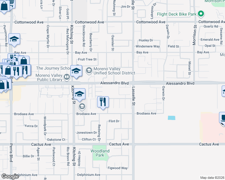 map of restaurants, bars, coffee shops, grocery stores, and more near 13281 Lasselle Street in Moreno Valley