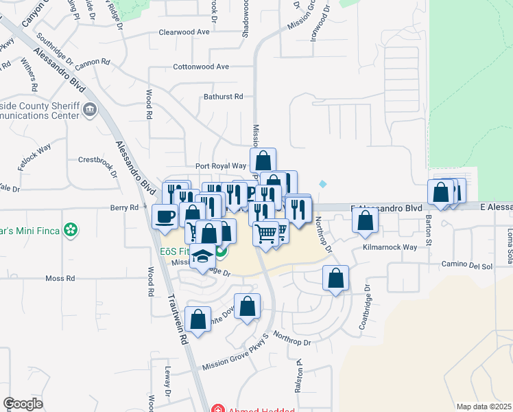 map of restaurants, bars, coffee shops, grocery stores, and more near in Riverside