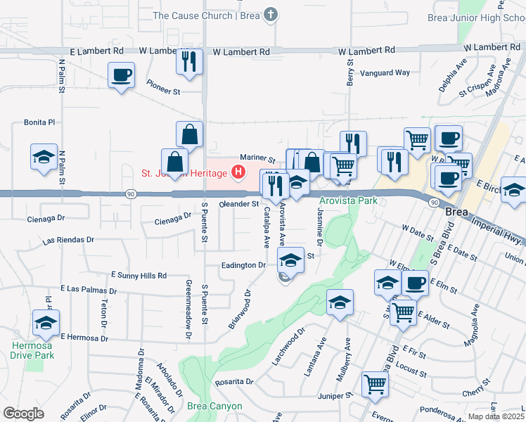 map of restaurants, bars, coffee shops, grocery stores, and more near 323 Catalpa Avenue in Brea