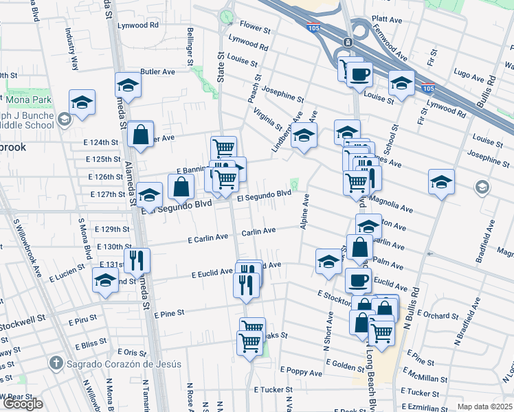 map of restaurants, bars, coffee shops, grocery stores, and more near 12201 Peach Street in Lynwood