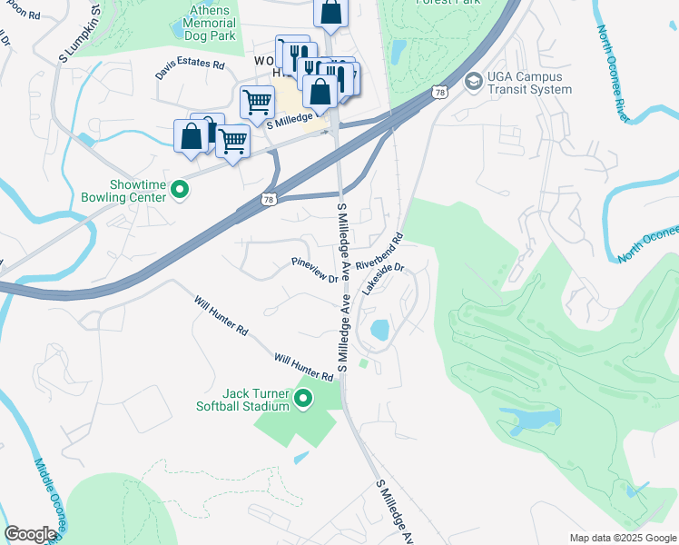 map of restaurants, bars, coffee shops, grocery stores, and more near 2215 South Milledge Avenue in Athens