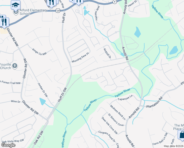 map of restaurants, bars, coffee shops, grocery stores, and more near 104 Ambridge Court in Lawrenceville