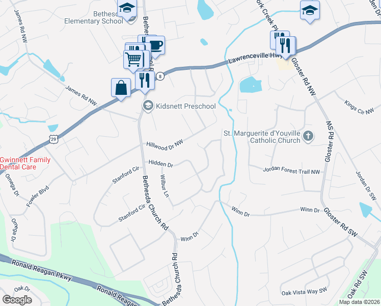 map of restaurants, bars, coffee shops, grocery stores, and more near 3025 Hidden Drive in Lawrenceville