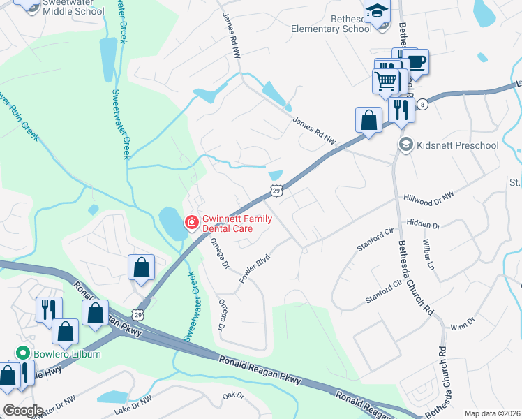 map of restaurants, bars, coffee shops, grocery stores, and more near 3431 Fernview Drive in Lawrenceville