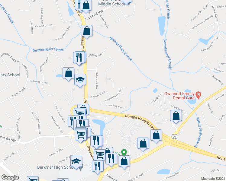 map of restaurants, bars, coffee shops, grocery stores, and more near 598 Rebecca Ives Drive Northwest in Lilburn