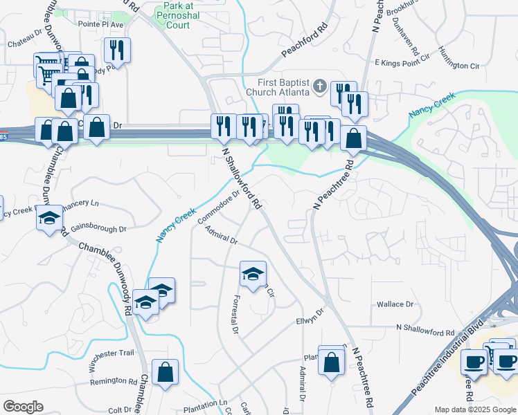 map of restaurants, bars, coffee shops, grocery stores, and more near 4221 North Shallowford Road in Atlanta