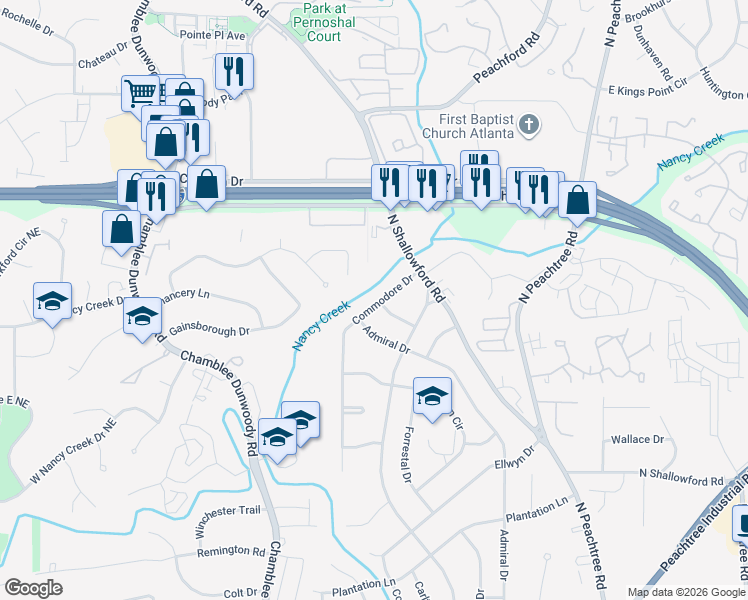 map of restaurants, bars, coffee shops, grocery stores, and more near 4186 Commodore Drive in Chamblee
