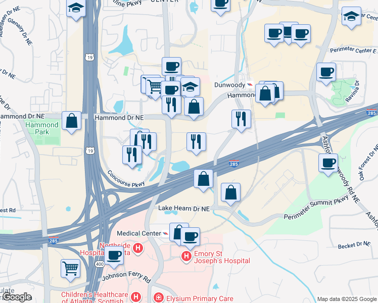 map of restaurants, bars, coffee shops, grocery stores, and more near 5901 Peachtree Dunwoody Road in Atlanta