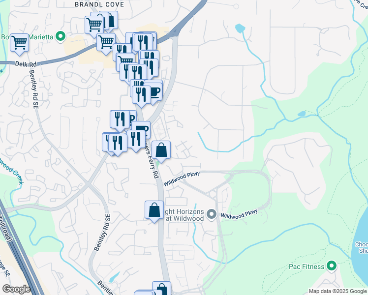 map of restaurants, bars, coffee shops, grocery stores, and more near 3085 Balearic Drive Southeast in Marietta