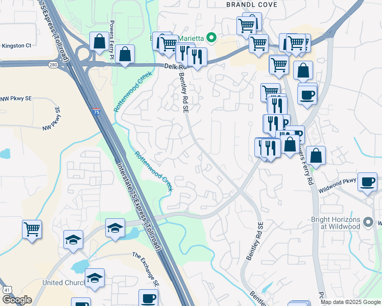 map of restaurants, bars, coffee shops, grocery stores, and more near 1647 Raleigh Circle in Marietta