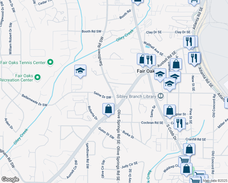 map of restaurants, bars, coffee shops, grocery stores, and more near 1522 Burberry Alley in Marietta