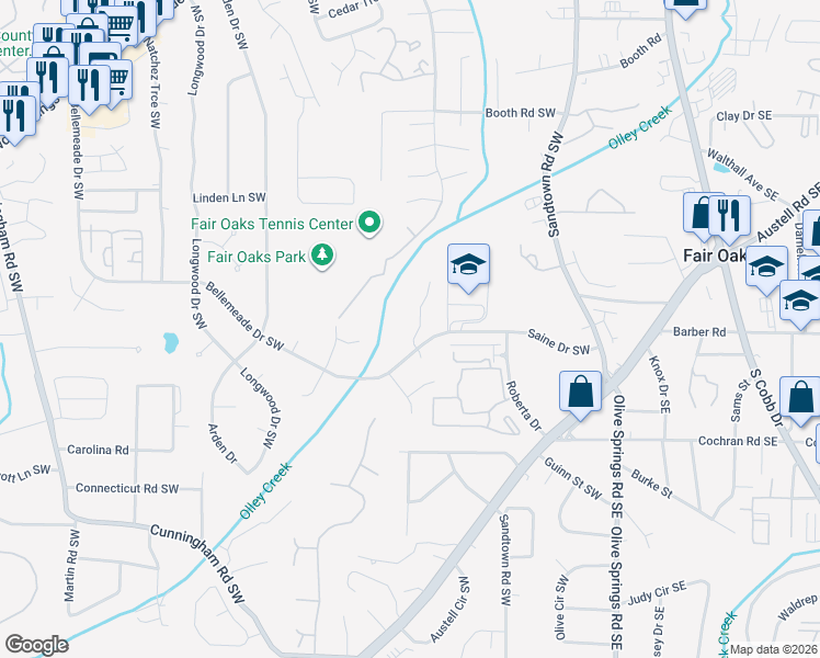 map of restaurants, bars, coffee shops, grocery stores, and more near 1495 Bellemeade Farms Road Southwest in Marietta
