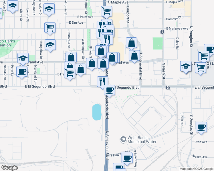 map of restaurants, bars, coffee shops, grocery stores, and more near 100 North Sepulveda Boulevard in El Segundo