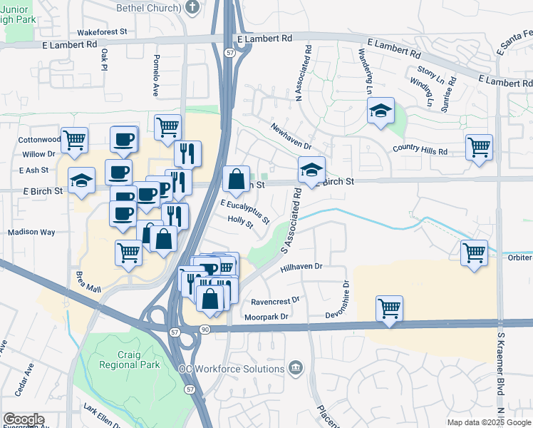 map of restaurants, bars, coffee shops, grocery stores, and more near 1761 East Eucalyptus Street in Brea