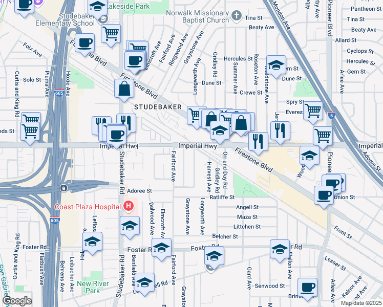 map of restaurants, bars, coffee shops, grocery stores, and more near 12613 Longworth Avenue in Norwalk