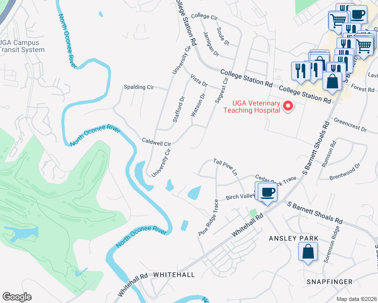 map of restaurants, bars, coffee shops, grocery stores, and more near 365 Segrest Circle in Athens