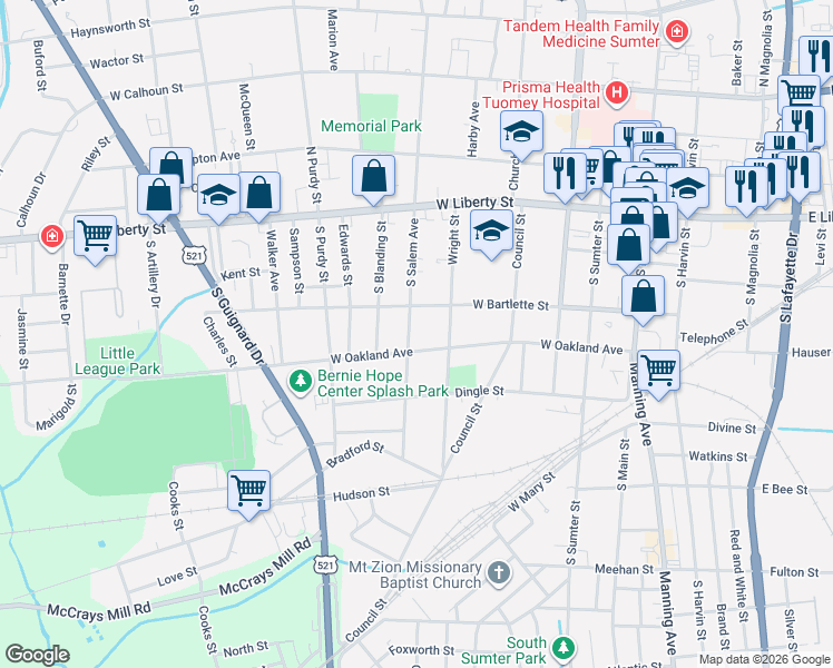 map of restaurants, bars, coffee shops, grocery stores, and more near 111 South Salem Avenue in Sumter
