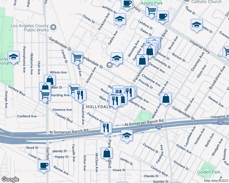 map of restaurants, bars, coffee shops, grocery stores, and more near 6126 Wilson Avenue in South Gate