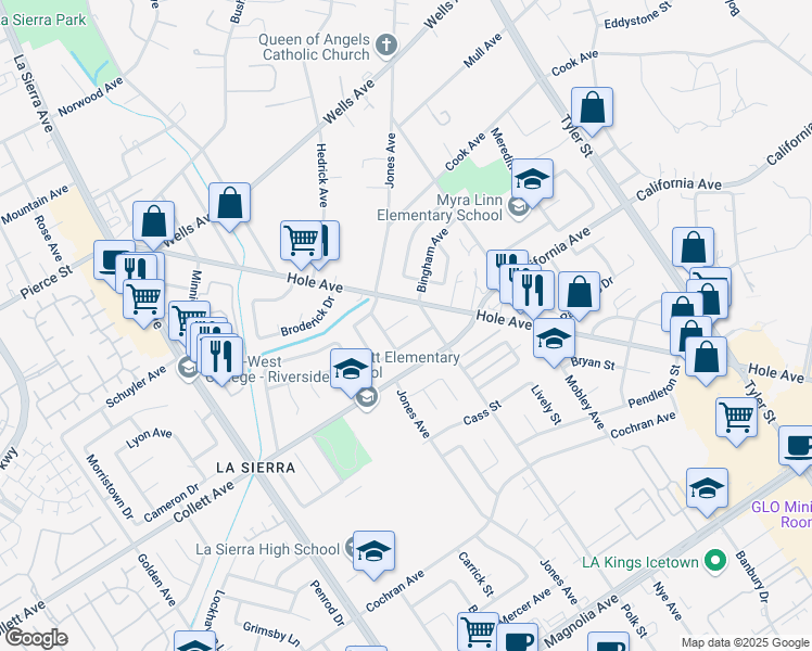 map of restaurants, bars, coffee shops, grocery stores, and more near 10720 Katrina Ct in Riverside