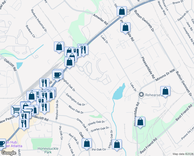 map of restaurants, bars, coffee shops, grocery stores, and more near 99 Global Forum Boulevard in Atlanta