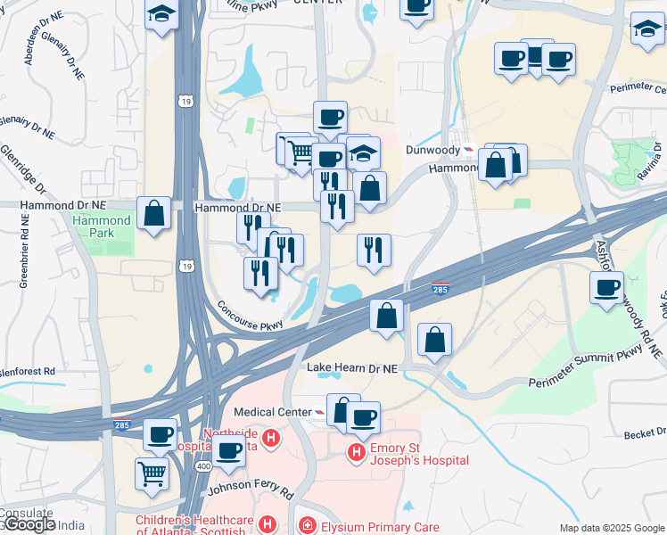 map of restaurants, bars, coffee shops, grocery stores, and more near 5909 Peachtree Dunwoody Road Northeast in Atlanta