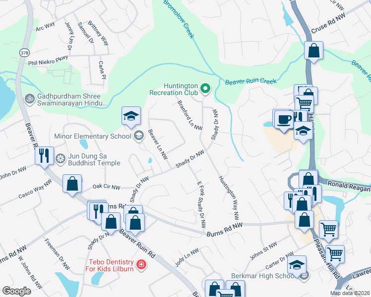 map of restaurants, bars, coffee shops, grocery stores, and more near 4007 Shady Circle Northwest in Lilburn