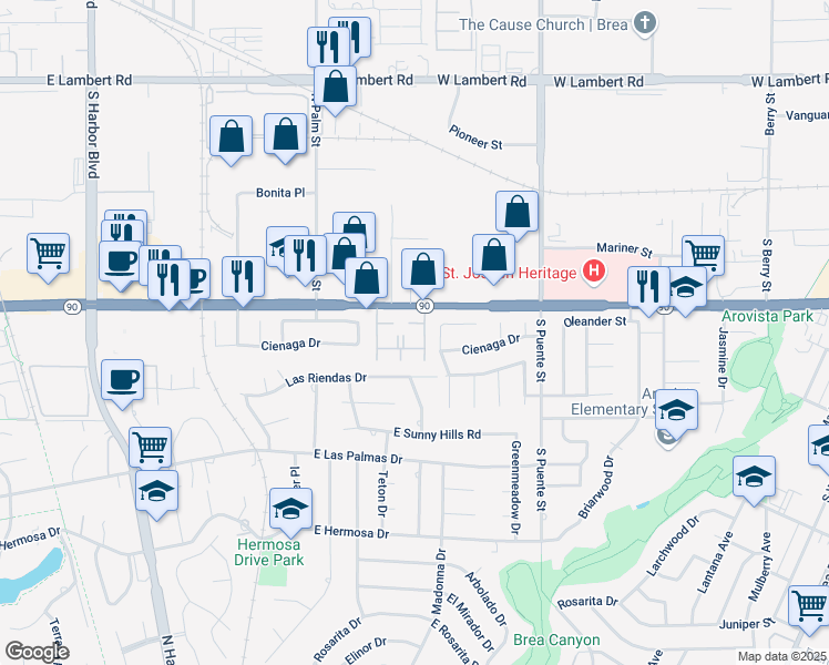 map of restaurants, bars, coffee shops, grocery stores, and more near 656 Imperial Highway in Fullerton