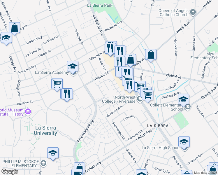 map of restaurants, bars, coffee shops, grocery stores, and more near 4747 Lakerun Court in Riverside