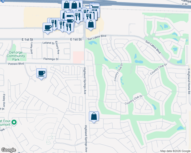 map of restaurants, bars, coffee shops, grocery stores, and more near 1024 Pine Valley Road in Banning