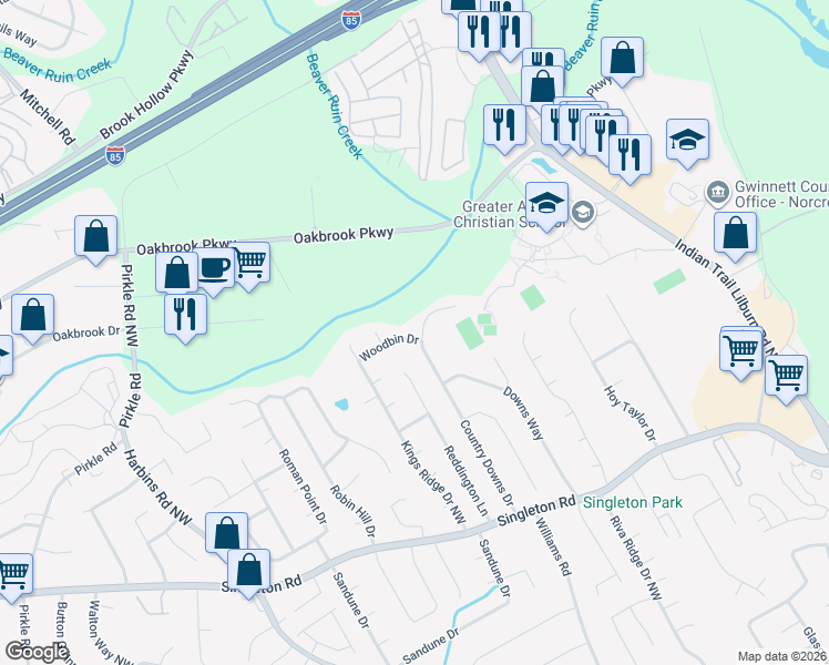map of restaurants, bars, coffee shops, grocery stores, and more near 1526 Country Downs Dr in Norcross