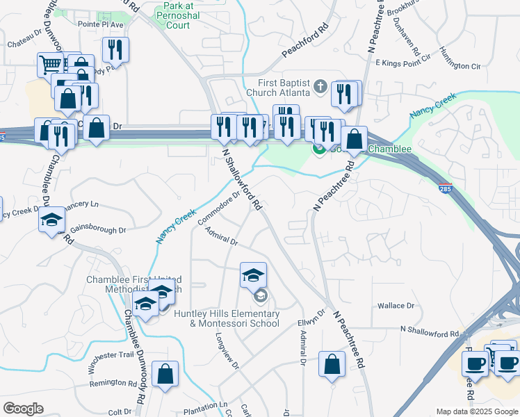 map of restaurants, bars, coffee shops, grocery stores, and more near 4221 North Shallowford Road in Atlanta