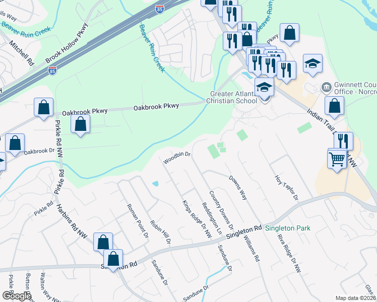 map of restaurants, bars, coffee shops, grocery stores, and more near 1526 Country Downs Drive in Norcross