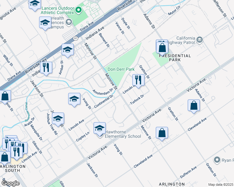 map of restaurants, bars, coffee shops, grocery stores, and more near 2912 Monroe Street in Riverside