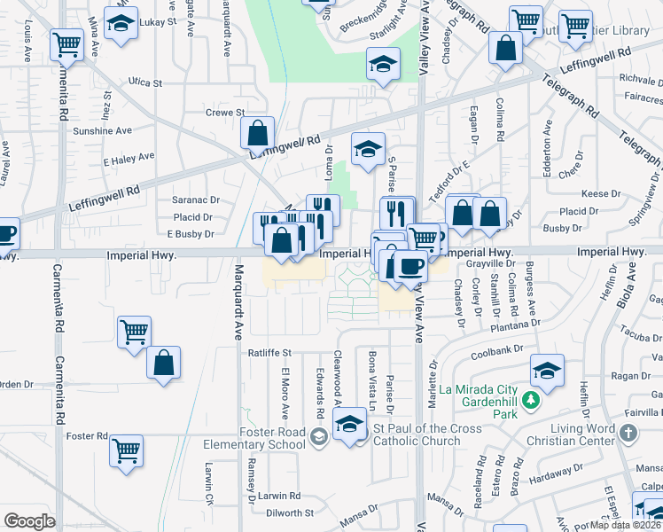 map of restaurants, bars, coffee shops, grocery stores, and more near 12615 Lake Park Way in La Mirada