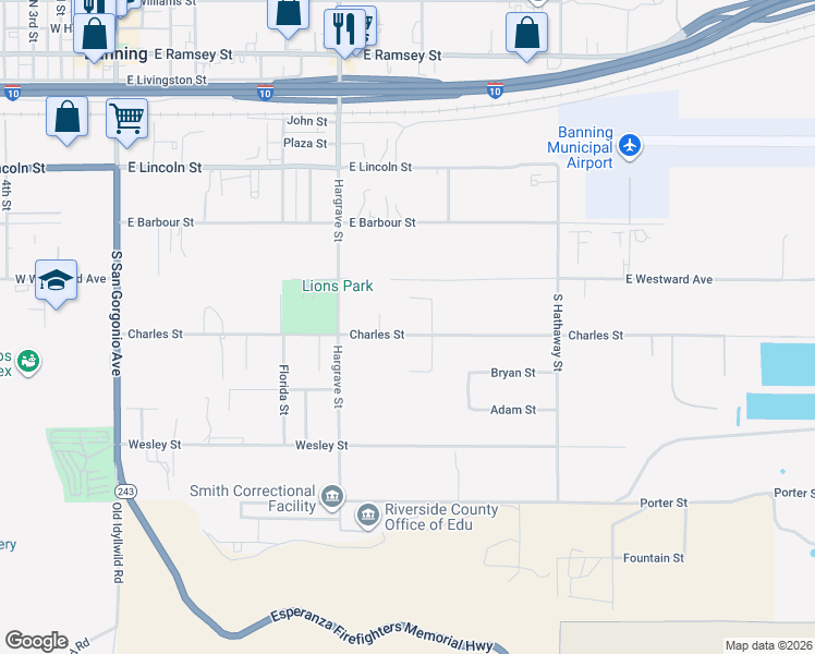 map of restaurants, bars, coffee shops, grocery stores, and more near 1075 Charles Street in Banning