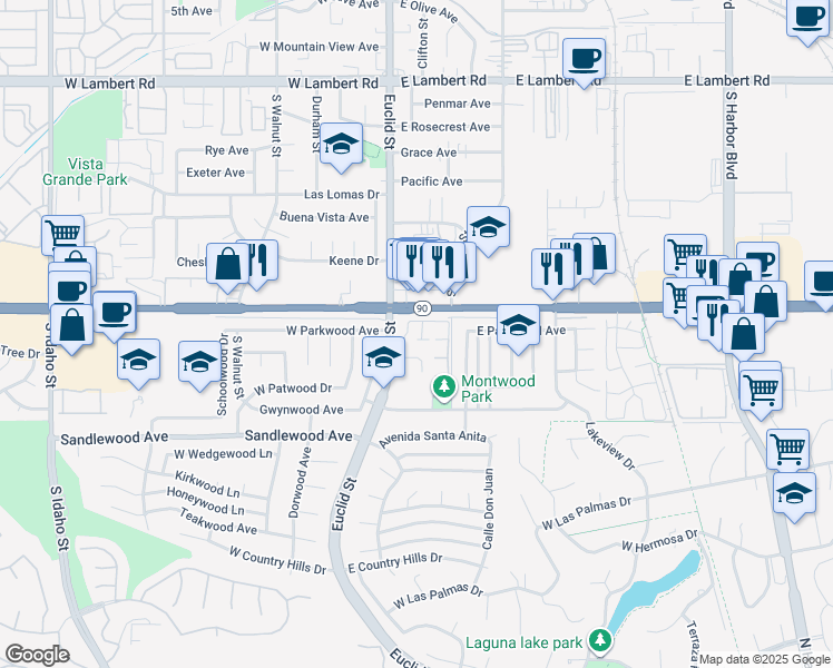 map of restaurants, bars, coffee shops, grocery stores, and more near 1217 Marble Lane in La Habra