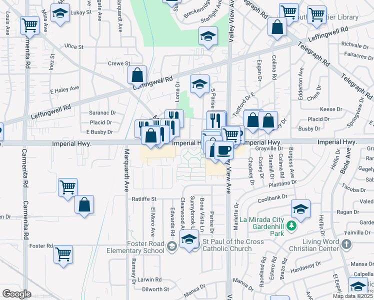 map of restaurants, bars, coffee shops, grocery stores, and more near 14036 Lake View Drive in La Mirada