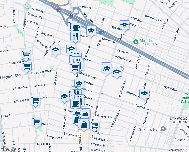 map of restaurants, bars, coffee shops, grocery stores, and more near 3597 Magnolia Avenue in Lynwood