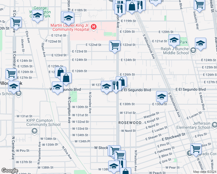 map of restaurants, bars, coffee shops, grocery stores, and more near 828 West 127th Place in Compton