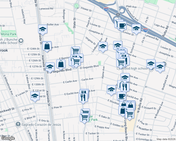 map of restaurants, bars, coffee shops, grocery stores, and more near 3148 El Segundo Boulevard in Lynwood