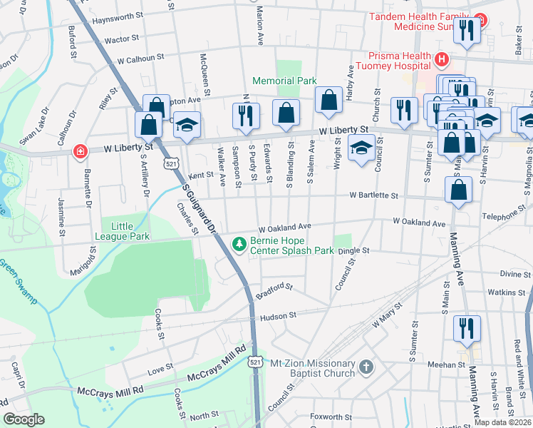 map of restaurants, bars, coffee shops, grocery stores, and more near 112 Edwards Street in Sumter