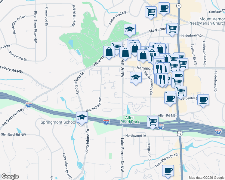 map of restaurants, bars, coffee shops, grocery stores, and more near 37 Ridgemere Trce in Atlanta